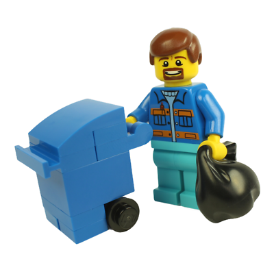 LEGO city minifigure bin man garbage blue wheelie bin black sack