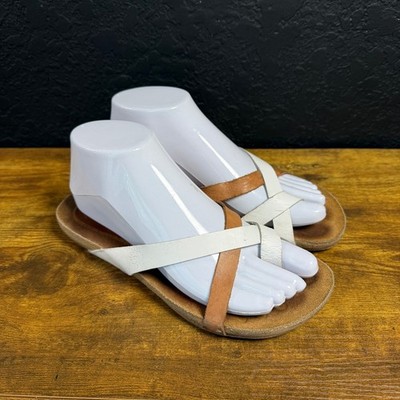 Yokono Ibiza White Tan Leather Multi-Strap Toe Loop Sandals Womens Size 6.5