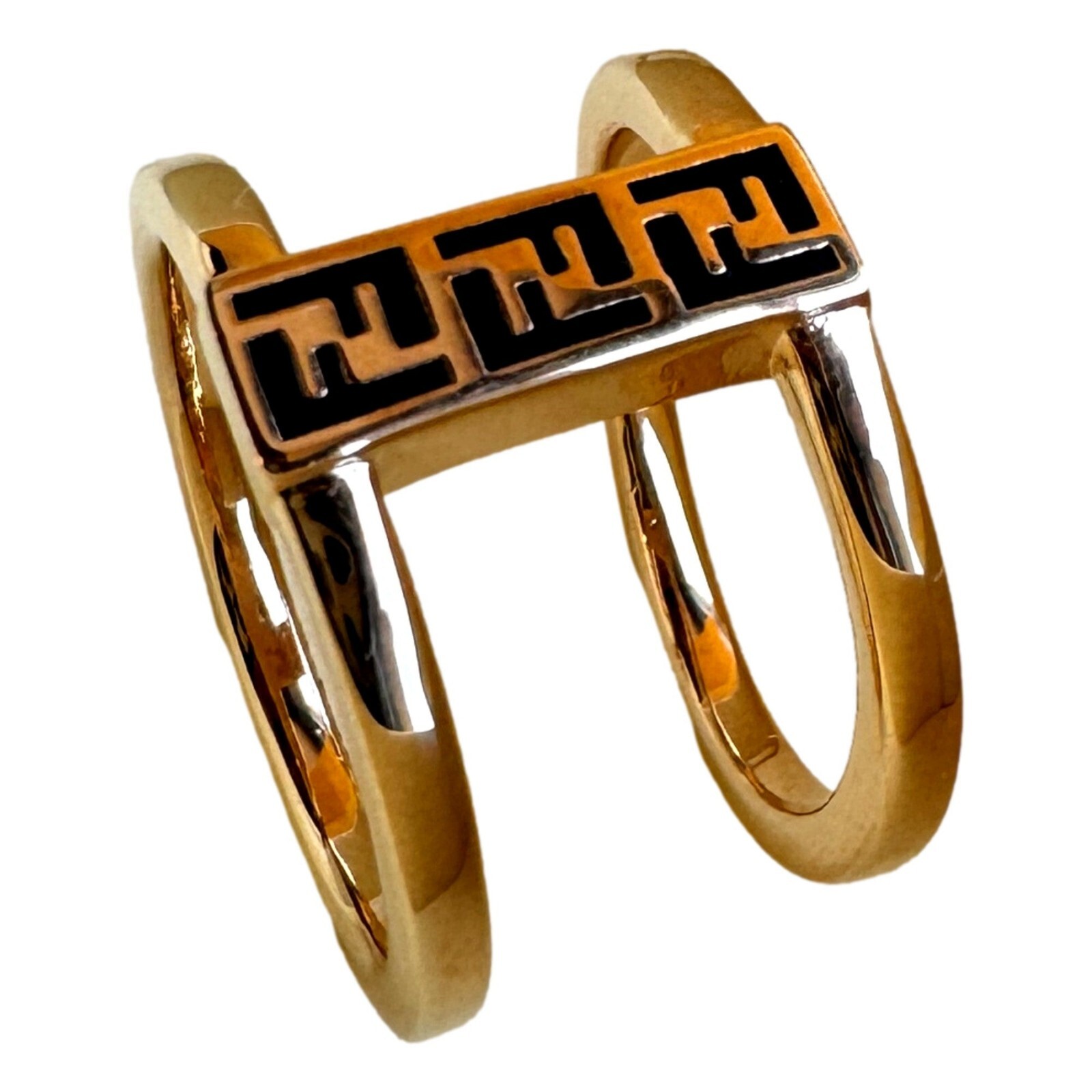 Pre-owned Fendi Ff Oro Soft Logo Black And Gold Ring Medium