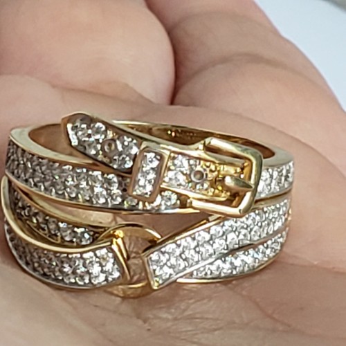 Pre-owned Buckle Wide Real 14k Yellow Gold Belt  Ring Size 56789 1.5 Carat Cz In White