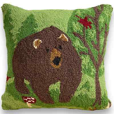 Brown Bear Embroidered Pillow Thick Wool Knotted Stitch 15'' Square Farmhouse