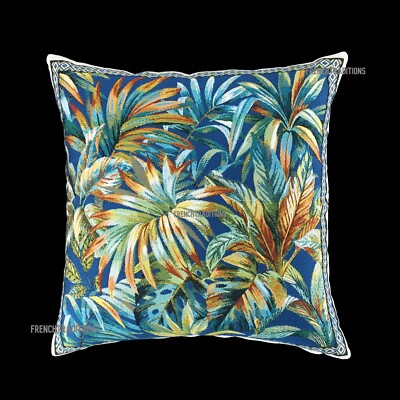 French Provencal Woven Pillow Cover Rainforest Foliage Blue Made In France
