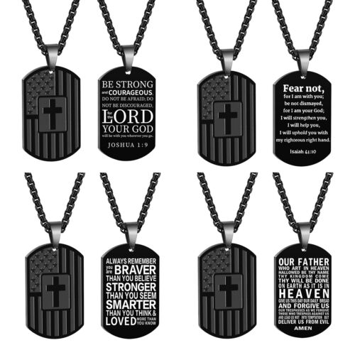 Black Dog Tag Flag Cross Necklace For Boys, Men, American Flag