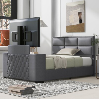 Queen Size Upholstery TV Platform Bed Frame With Height- Adjustable Headboard