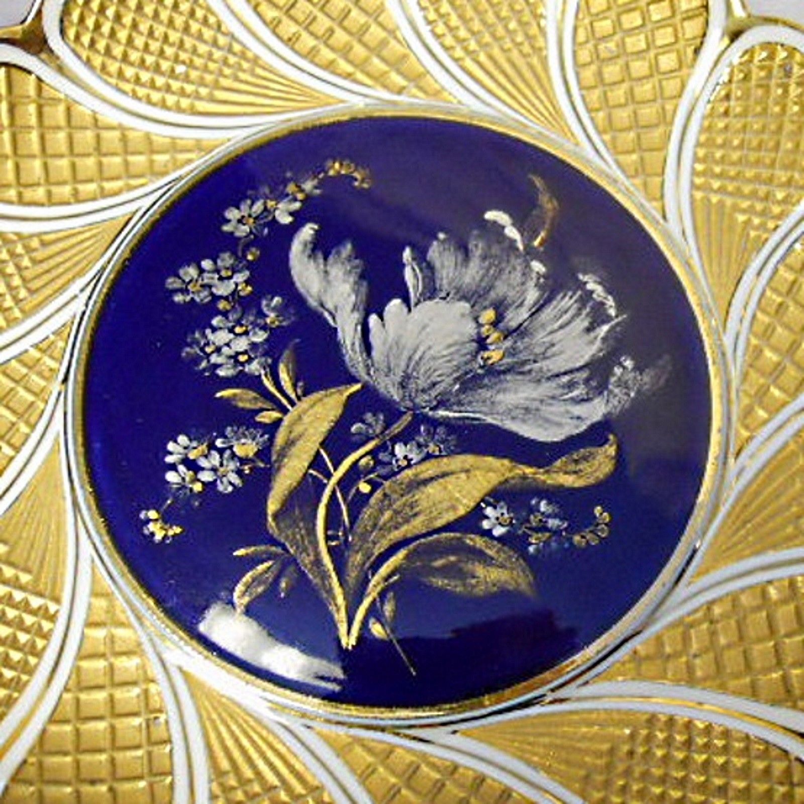 Antique Large Meissen Porcelain Plate With Floral Platinum Painting