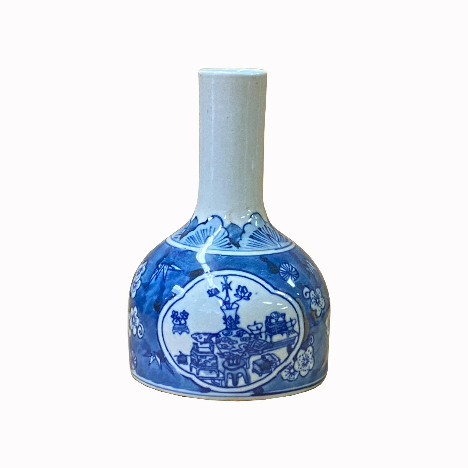 Lot of 2 Chinese Blue White Porcelain Fat Base Flowers Graphic Small Vase ws2039S Lot of 2 Chinese Blue White Porcelain Fat Base Flowers Graphic Small Vase ws2039S