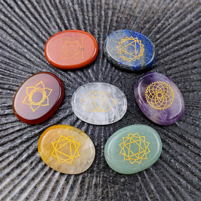 7 Pieces Natural Stones Set Reiki Healing Crystal Engraved Symbols