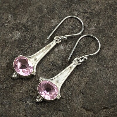 Natural Kunzite Gemstone Drop/Dangle Pink Earrings 925 Sterling Silver Jewelry