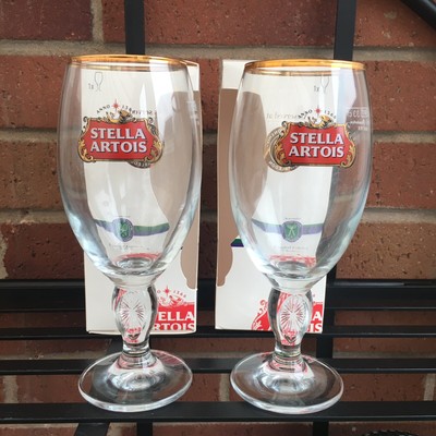2x Stella Artois Christmas Ltd Edition Chalice Glass Gold Rim Star 330ml 33cl Collectibles Breweriana Beer