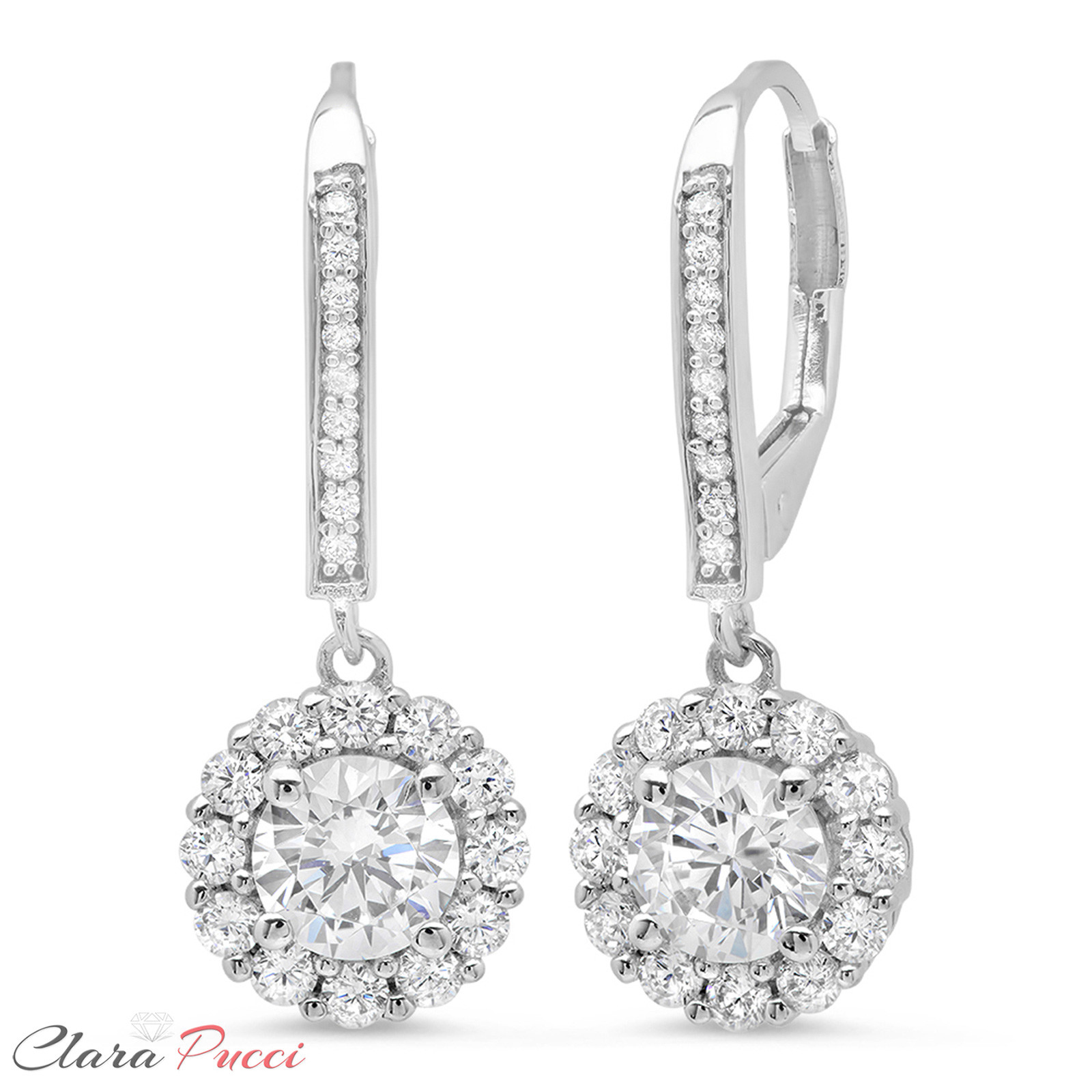 Pre-owned Pucci 3.65ct Round Simulated Diamond Halo Lever Back Drop Earrings 14k White Gold