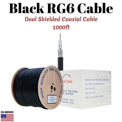 1000ft RG6 Dual Shield Coaxial Cable Black Wire TV Antenna Satellite 18AWG Bulk
