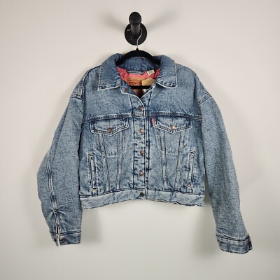 Levi's Padded Trucker Jacket Light Denim Acid Wash Pink Lining Cropped NWT - S