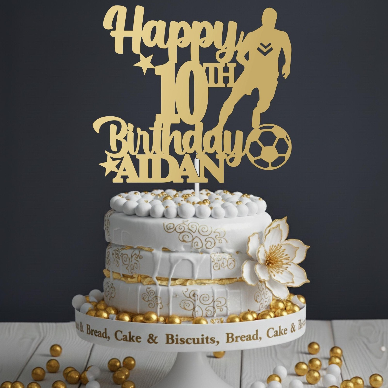 Personalised Football Cake Topper Name & Age Happy Birthday Party Cake Decor