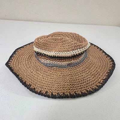 Steve Madden Tan Paper Straw Wide Brim Sun Hat Striped Crochet One Size