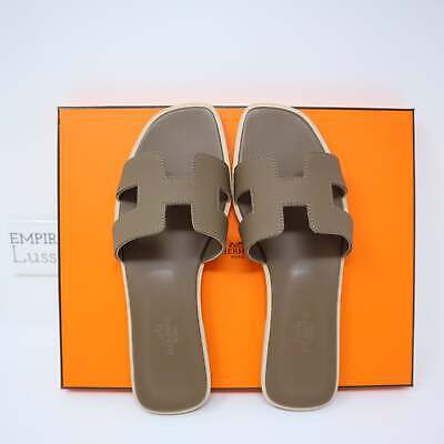 Pre-owned Hermes 39  Oran H Sandals Slippers Classic Epspom Etoupe Gray