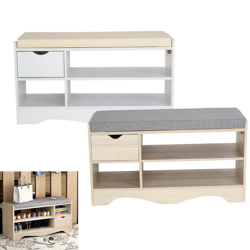 2 Tiers Shoe Storage Bench Cabinet Padded Seat One Drawer Shelf
