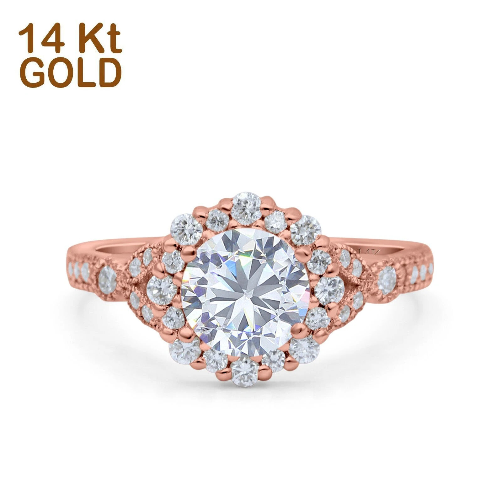 Pre-owned Emerald 14k Rose Gold Floral Art Deco Engagement Ring Simulated Cubic Zirconia In Pink