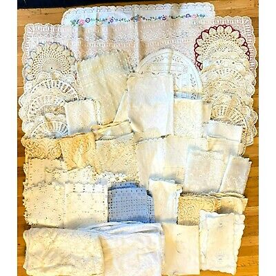 Lot 67 Vintage Linens Doilies Table Cloth Runner Lace Crochet Textile Hand Work