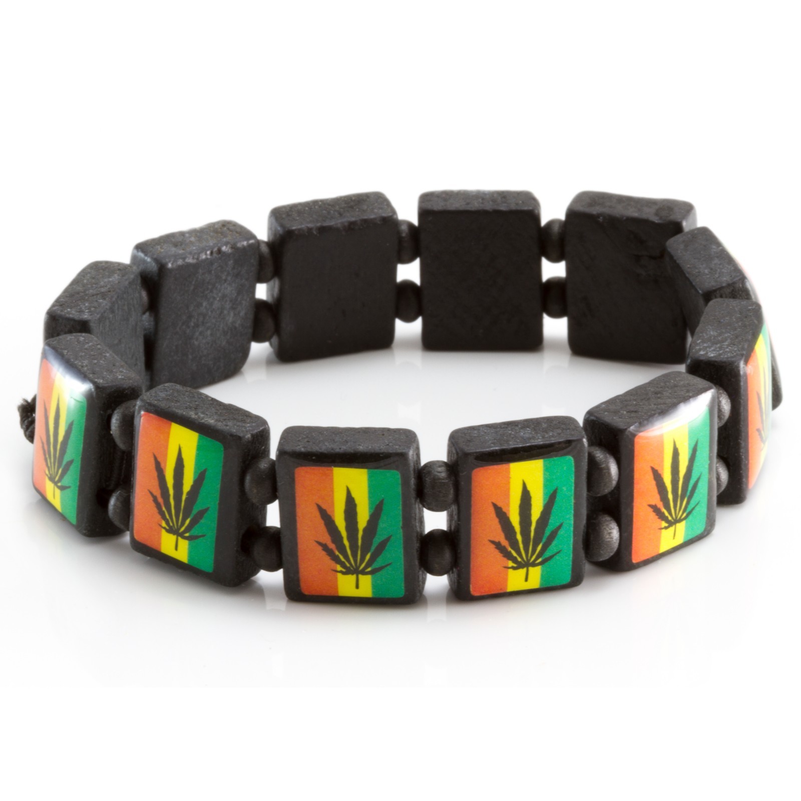 Square Wooden Bead Friendship Bracelet Black Rasta Cannabis Leaf 420
