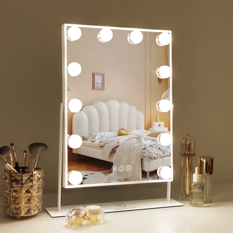 Vanity Makeup Mirror with Lights Metal Tabletop White 14.5