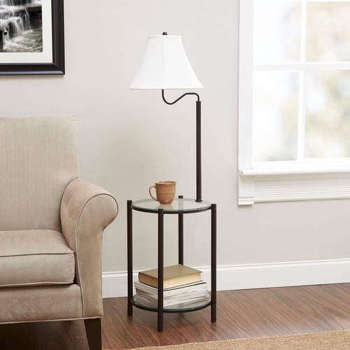 UPC 050276828280 product image for Glass End Table With Built In Floor Lamp Linen Shade 54 2 Rack Living Room | upcitemdb.com