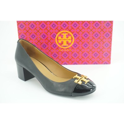 Tory Burch Raleigh Leather Block Heel Pump Black T Logo $295 Cap Toe SZ 9.5