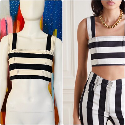 Balmain size 34FR (XS) bralette top black off white stripes cotton Italy
