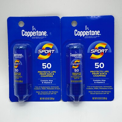 Coppertone Lip Balm SPORT Sunscreen SPF 50 Aloe and Vitamin E - PK of 2 NEW