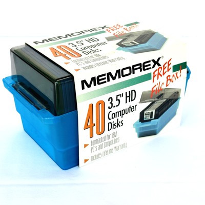Vtg. Memorex 3.5'' HD Computer Disks 1.44MB File Box with 40 Colored Disks NOS