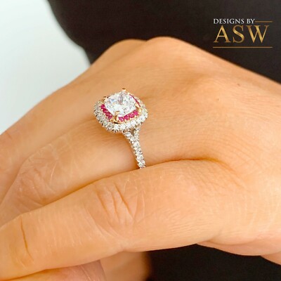 Pre-owned Asw 14k Solid White Gold Cushion Moissanite And Natural Diamonds And Ruby Ring 2.20