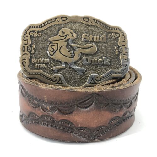 Stud Duck Vintage Brass Belt Buckle Obscure W/ Rawhide Leather...