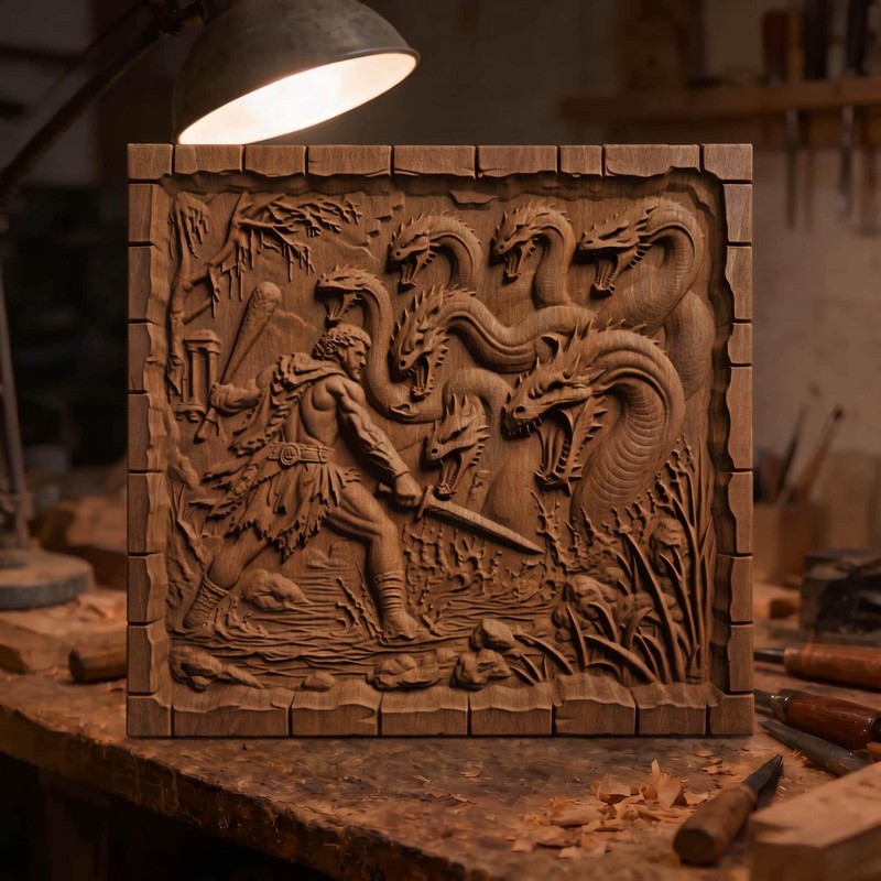 Hercules Fighting the Hydra - Ancient Greek Mythology Wooden Carving Bas Relief
