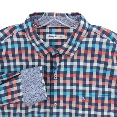 TOMMY BAHAMA Island Zone Shirt Pima Cotton Blend Multi Check Flip Cuff Size XL