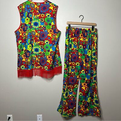 Women Hippie Two Piece Set Vest Bell Bottom Pants 60s Floral Multi Costume