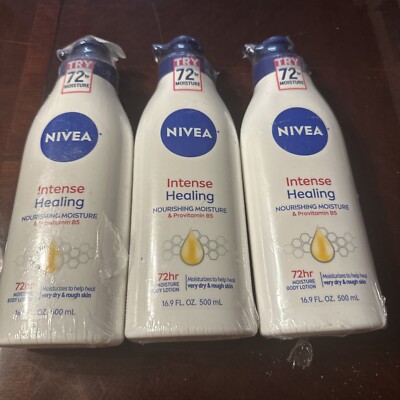 3 Nivea Body Lotion, Intense Healing, 72 Hr, w/ Deep Nourishing Serum, 16.9 oz.