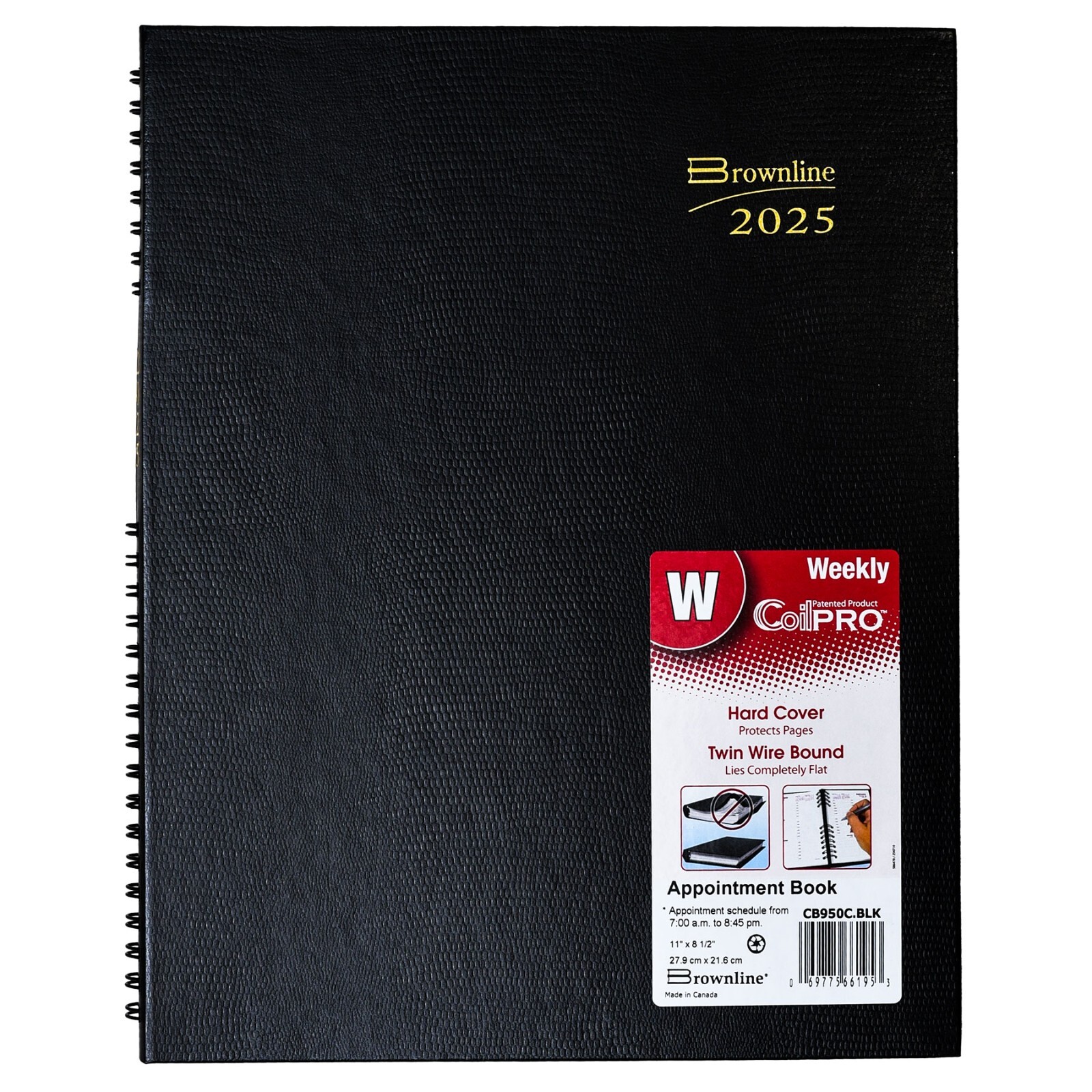 2025 Brownline CB950C.BLK CoilPRO Hard Cover Weekly Appointment Book, 8-1/2 x 11