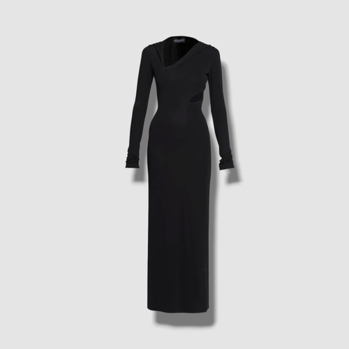$3475 Versace Women's Black Cutout Hooded Asymmetric Gown