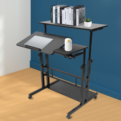 Rolling Laptop Desk Mobile Stand Up Desk Adjustable Bedside Computer Table Cart