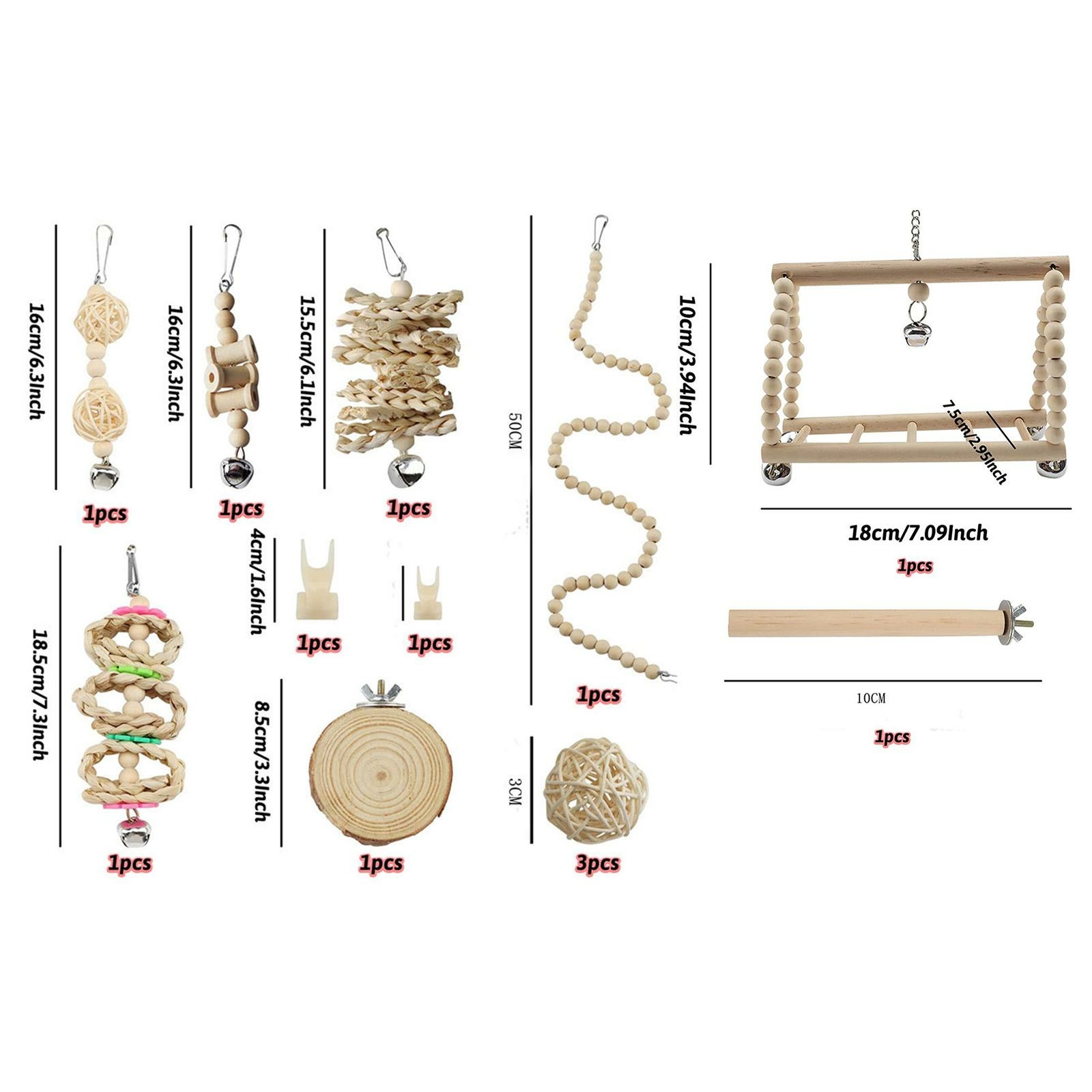 13 Pack Bird Toys Natural Wood Bird Cage Toys Parrot Swing Chewing Toys Budgie