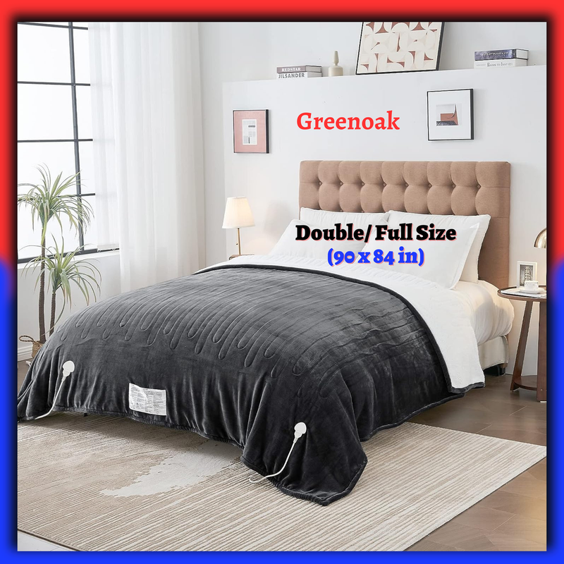 Double Full Electric Throw Blanket Heated Warm Dual Controller Black Soft Flanel