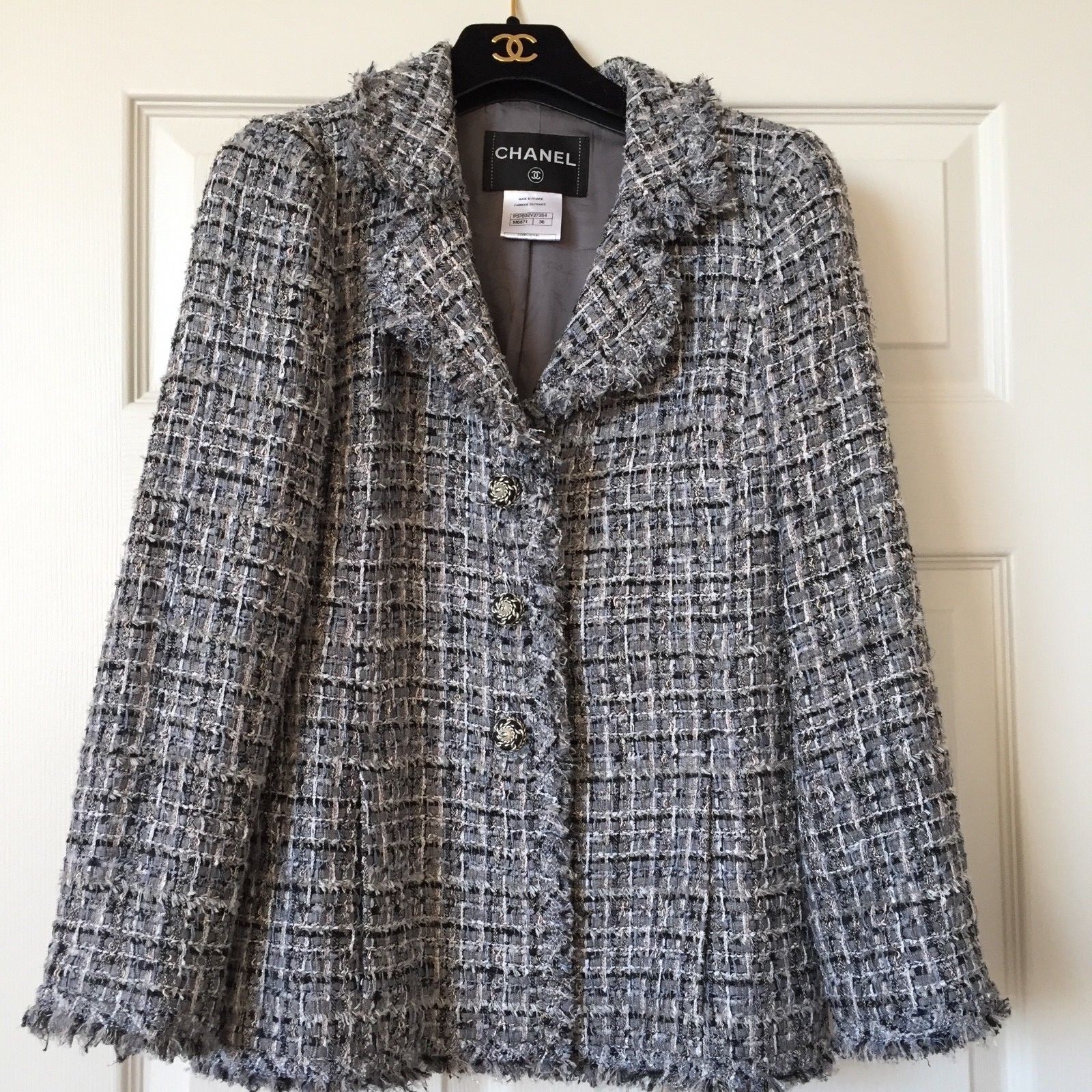 CHANEL VINTAGE 10P LESAGE TWEED FRINGED BLUE GRAY JACKET CC