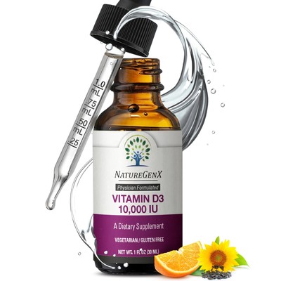 NatureGenX Liquid Vitamin D Drops Vitamin D3 Supplement 10000 IU for Fast-Abs...