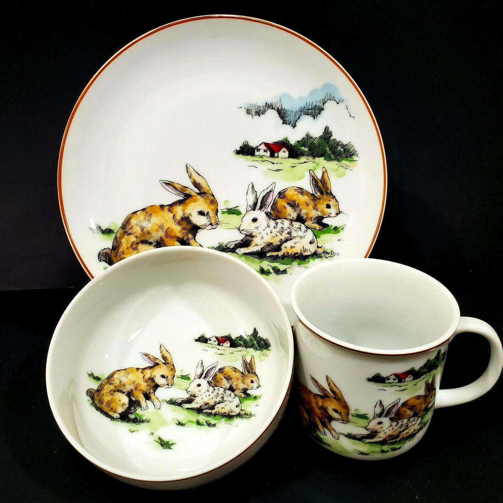 3 set Nantucket made Japan rabbits cereal soup bowl, cup