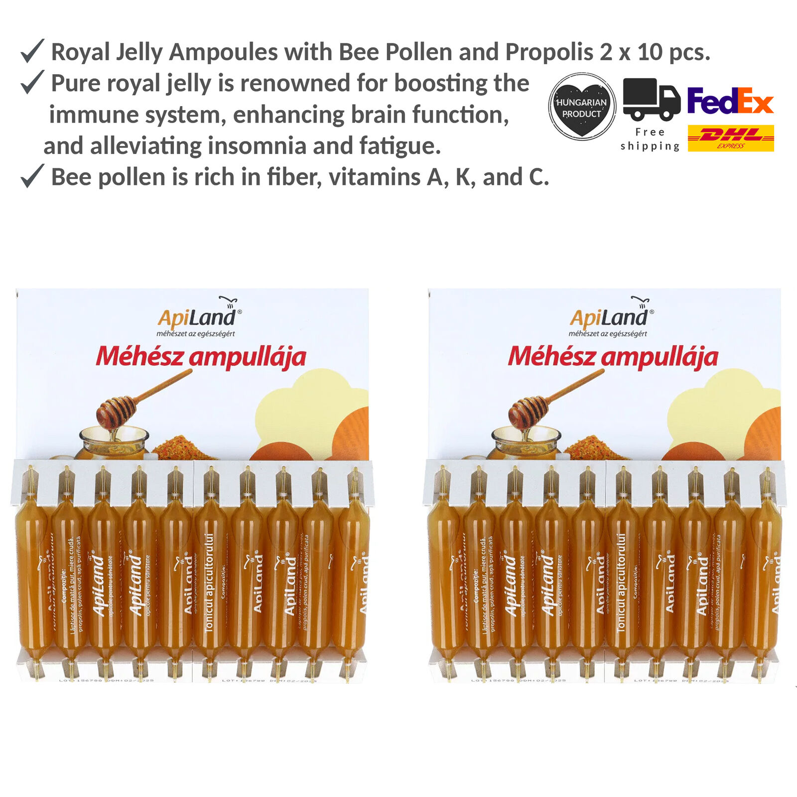 Set of Royal Jelly Ampoules with Bee Pollen and Propolis, 100% Organic, 20x10ml - Picture 1 of 3