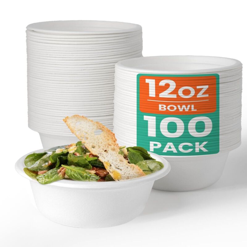 Paper Bowls Compostable Disposable Soup Bowl 100-Pack - PFAS-Free - [12 oz]