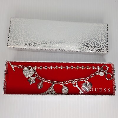 Guess Silver Tone Charm Bracelet Large Link Chain Heart Key Lock Signed NIB 