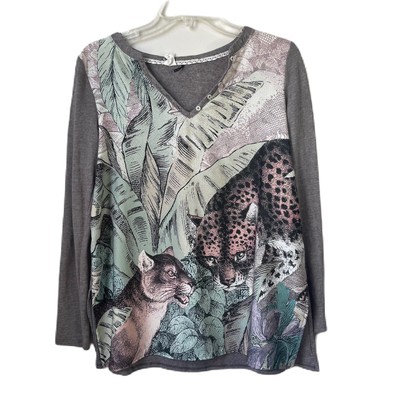 Anthropologie Akemi + Kin fauna henley linen blend wild cat printed top size XS