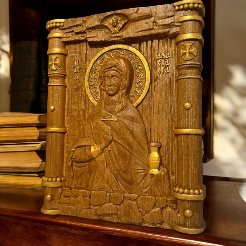 Saint Anastasia Wooden Carved Handmade Byzantine Greek Orthodox Christian Icon
