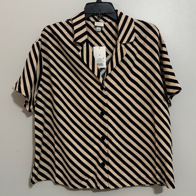 A New Day Button Up Womens Small Black Tan Striped Diagonal Funky Neutral Basic