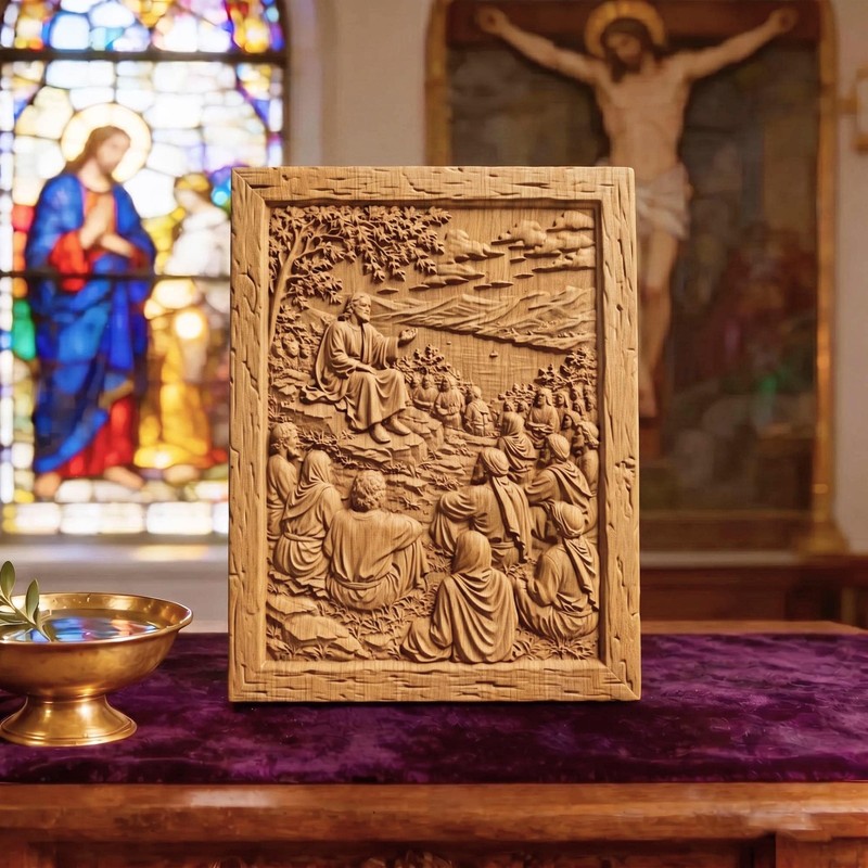 Jesus Christ Teaching the Crowds Wood Carved Handmade Christian Icon Home Decor